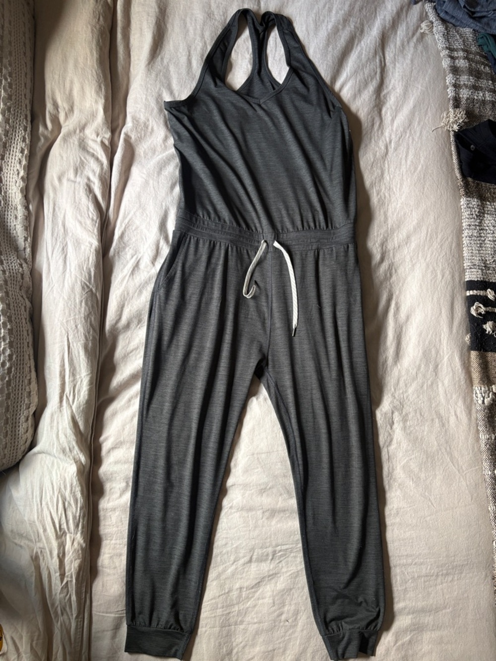 Vuori Charcoal Gray Racerback Jumpsuit with Drawstring Waist